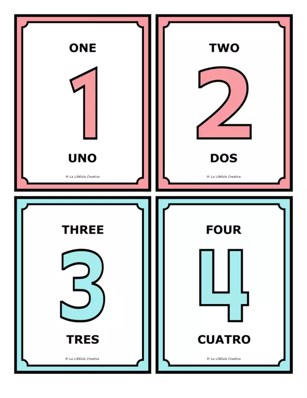 Flash cards numbers 0 to 100 math pastel english spanish extra signs