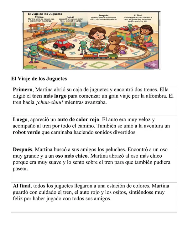 El Viaje de los Juguetes: cuento secuenciado + actividades de comprensión y ubicación espacial