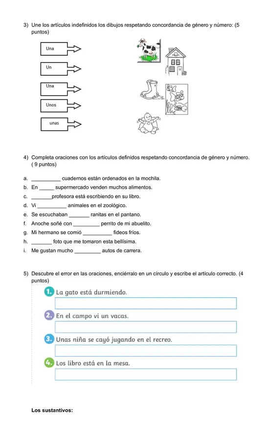 Prueba 3° Básico Artículos, Sustantivos, Adjetivos, Verbos