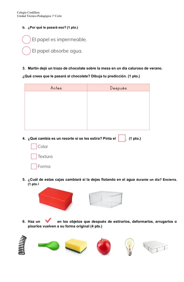 Evaluación Ciencias 1° Básico: Cambios en los Materiales 