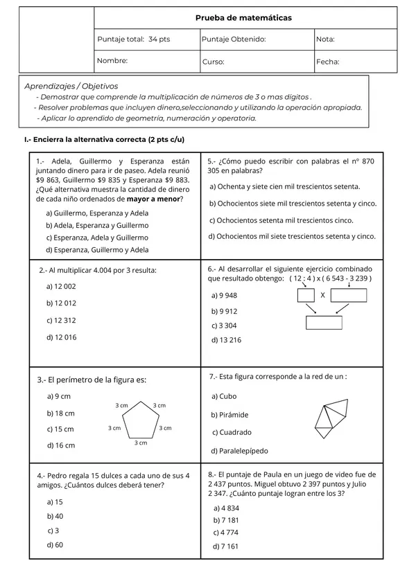 Prueba de matemáticas 