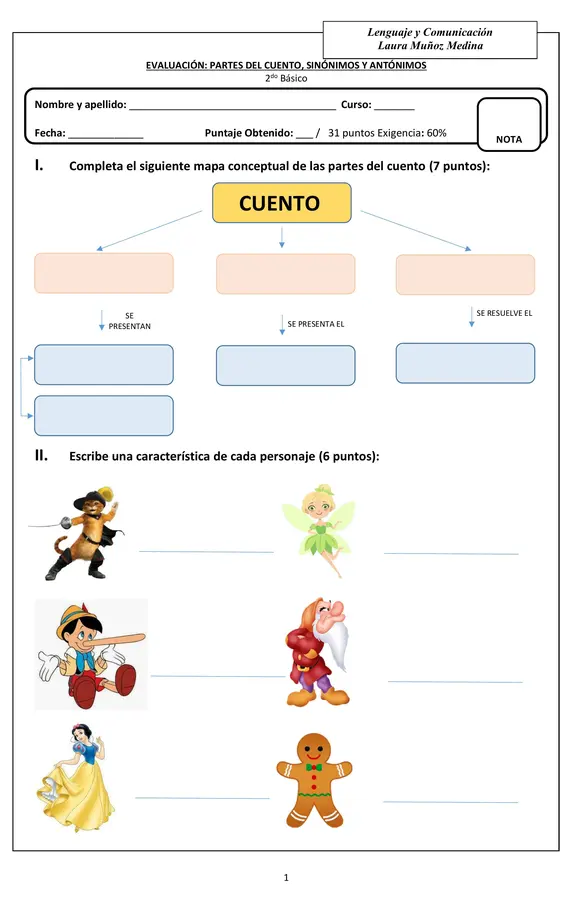 Evaluación partes del cuento, sinónimos, antónimos