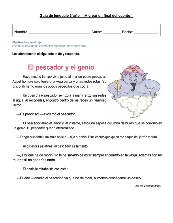 Guía de lenguaje "¡A crear el final de un cuento!" 3°año