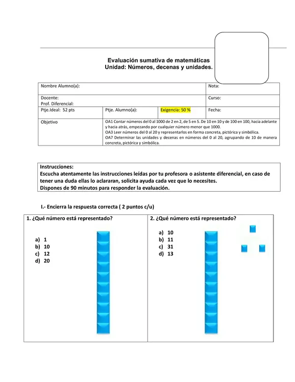 Evaluación de matemática 