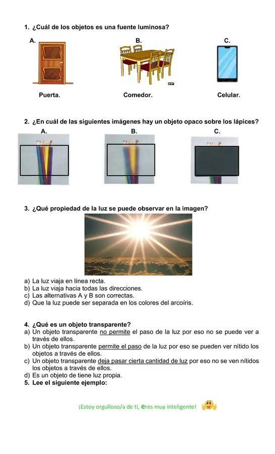 Prueba de Ciencias Naturales La luz.