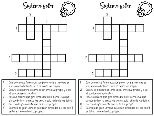 Crucigrama componentes del Sistema Solar