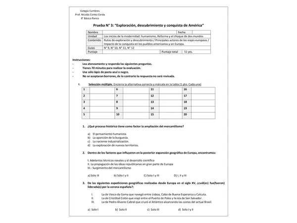 Evaluación N° 3: “Exploración, descubrimiento y conquista de América”