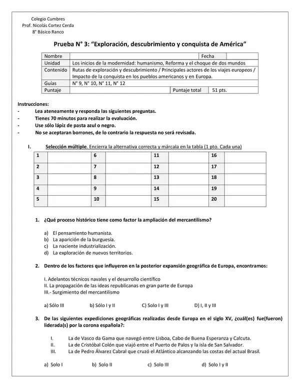 Evaluación N° 3: “Exploración, descubrimiento y conquista de América”
