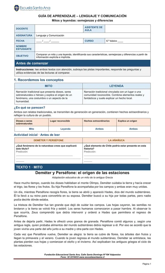 GUIA COMPRENSION Y COMPARACIÓN DE UN MITO CON UNA LEYENDA 