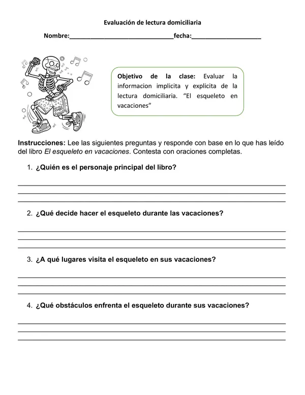EVALUACION de lectura domiciliaria. “El esqueleto en vacaciones”