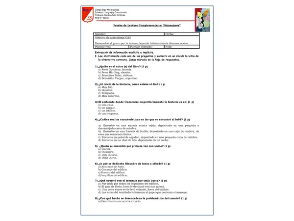 Prueba de Lectura complementaria "Los mensajeros"
