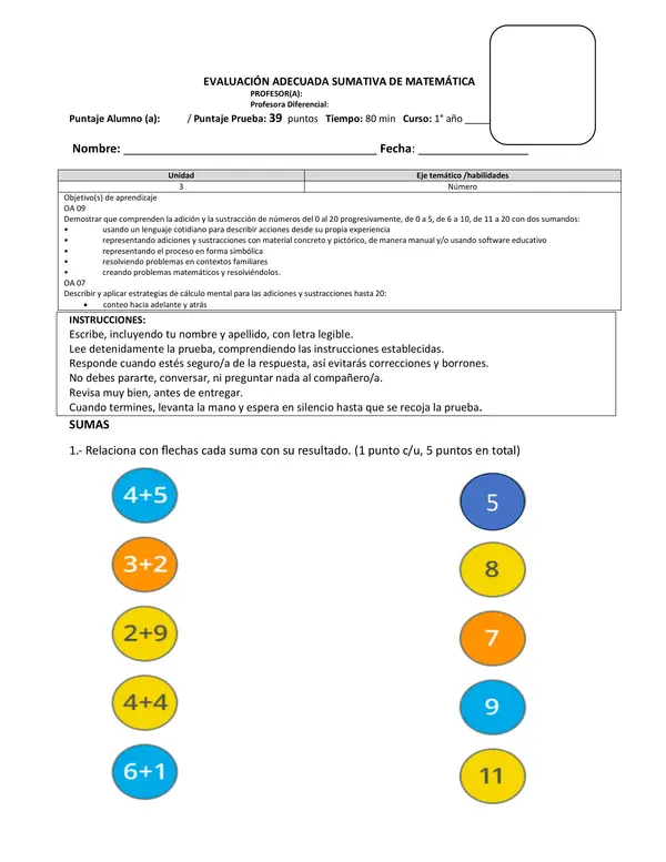 Evaluación adecuada de matemática primero básico 