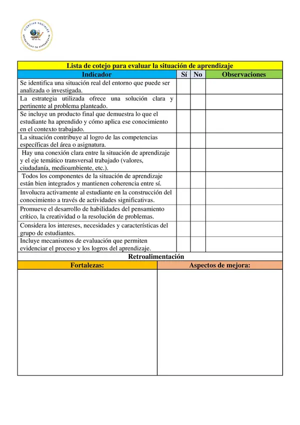 Lista de cotejo "Situación de aprendizaje"