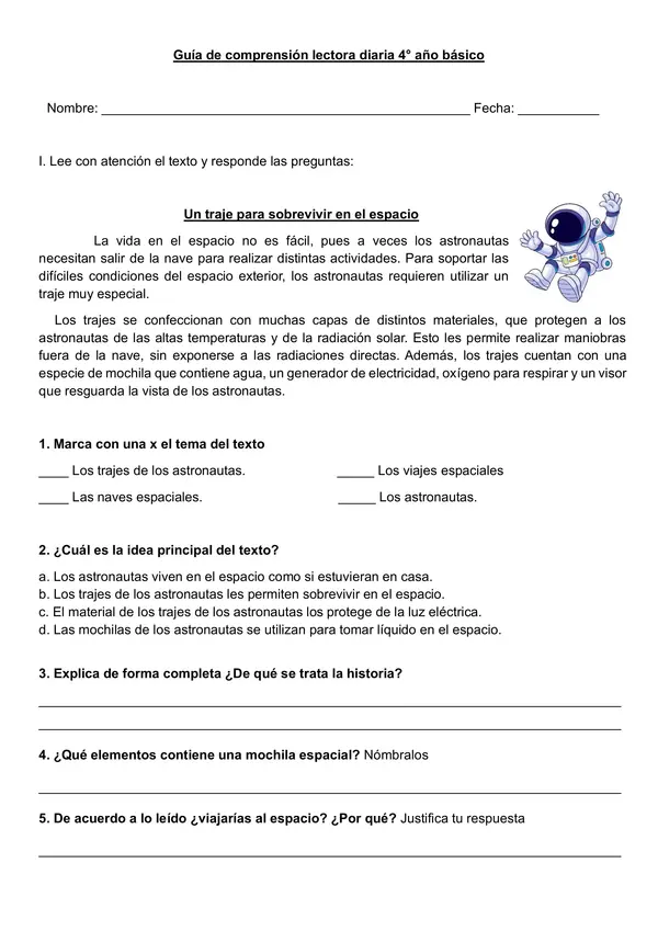 Guía de lectura comprensiva diaria 4° año básico.