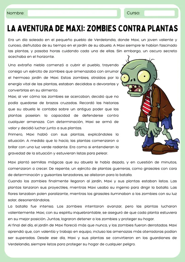 Guía de Comprensión Lectora para 8° Básico: “Zombies contra Plantas” con actividades y evaluación