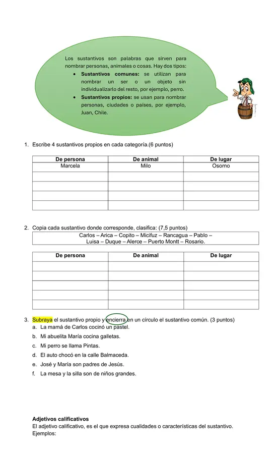 Prueba 3° Básico Artículos, Sustantivos, Adjetivos, Verbos