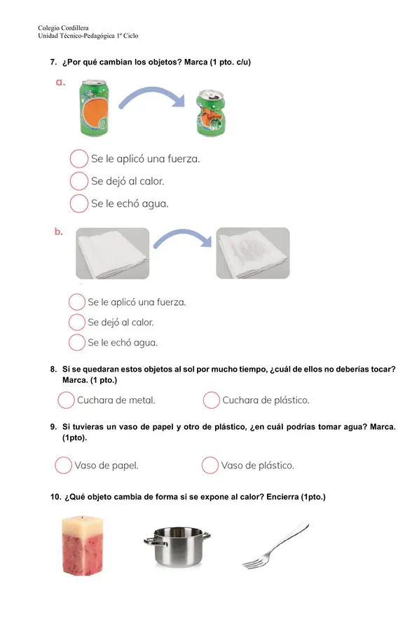 Evaluación Ciencias 1° Básico: Cambios en los Materiales 