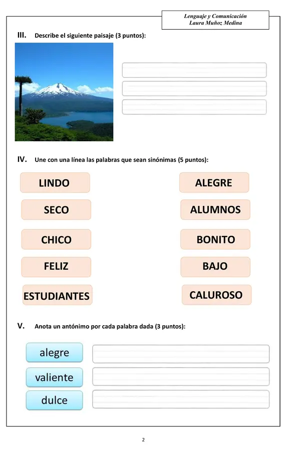 Evaluación partes del cuento, sinónimos, antónimos