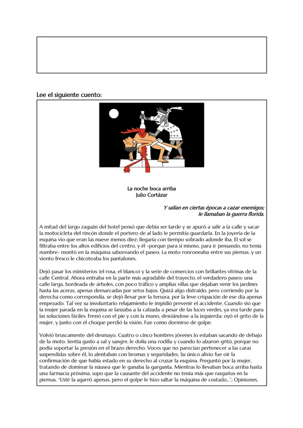 Guía de comprensión lectora del cuento "La noche boca arriba" + Pauta