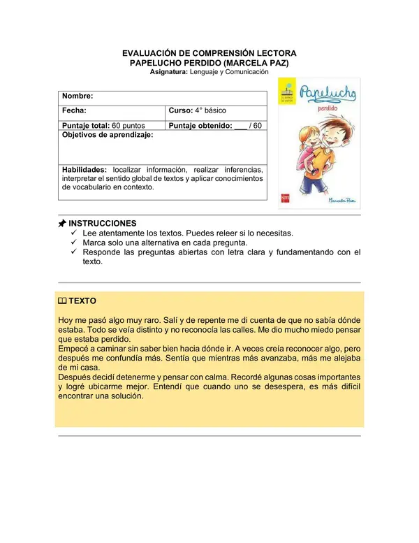 Prueba del libro "Papelucho perdido" (Marcela Paz)