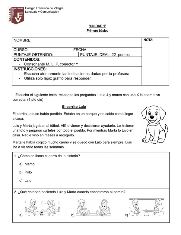 Evaluación letras M, L, P