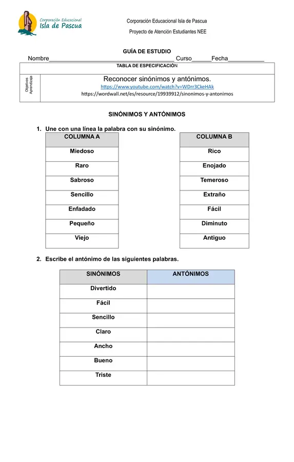 GUÍA DE ESTUDIO "Reconocer sinónimos y antónimos"