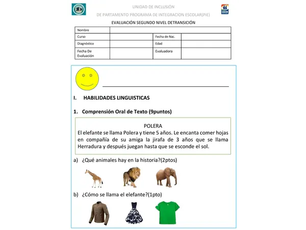 Prueba inicial de 1ro basico