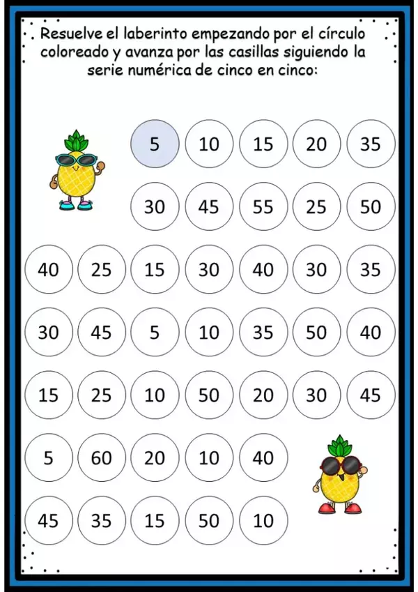 Laberintos numéricos: Sigue la serie numérica de 5 en 5.