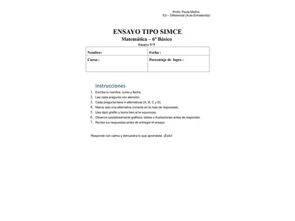 Ensayo SIMCE N°1 de Matemática para 6° Básico 