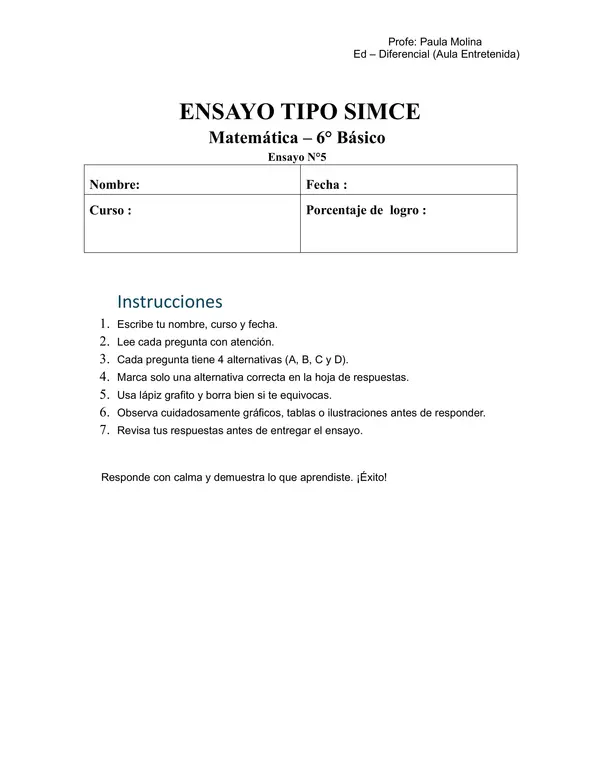 Ensayo SIMCE N°1 de Matemática para 6° Básico 
