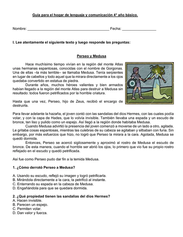 Guía mito "Perseo y medusa" 4° año básico