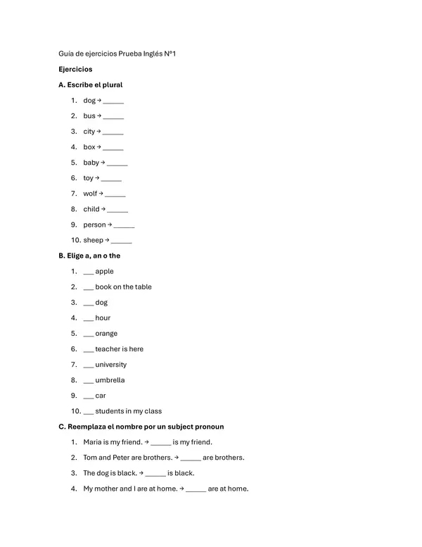 Guía de trabajo y/o prueba de la unidad de Inglés - Plural - Singular Nouns - object - subject 