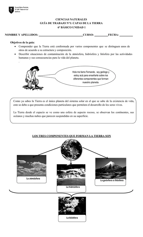 Guia de trabajo 6° Básico " Las capas de la Tierra"
