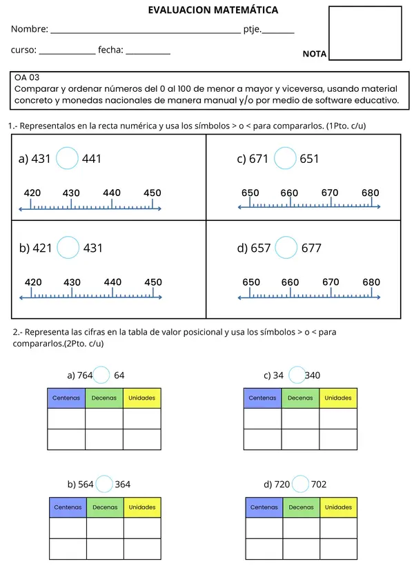 Evaluación de Matemática: Comparar Números hasta 1.000 - Recta Numérica y Valor Posicional
