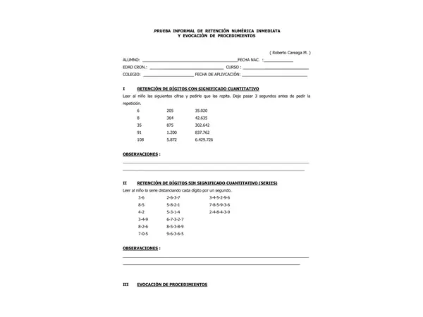 PRUEBA  INFORMAL  DE  RETENCIÓN  NUMÉRICA  INMEDIATA Y  EVOCACIÓN  DE  PROCEDIMIENTOS
