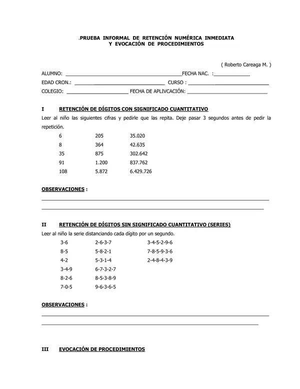 PRUEBA  INFORMAL  DE  RETENCIÓN  NUMÉRICA  INMEDIATA Y  EVOCACIÓN  DE  PROCEDIMIENTOS