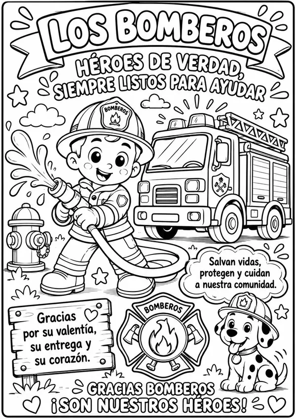 Afiche para colorear Importancia y Funciones de los Bomberos 