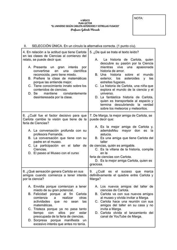 Evaluación "El universo según Carlota"