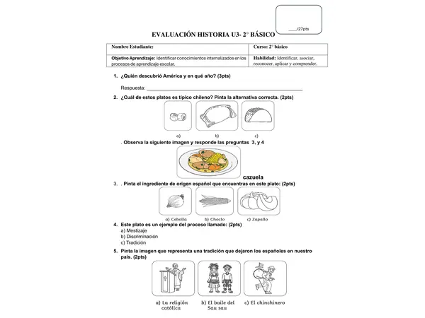 Evaluación Historia 2 básico, Unidad 3 "mestizaje"