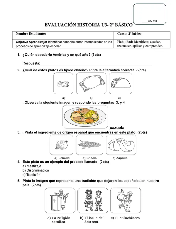 Evaluación Historia 2 básico, Unidad 3 "mestizaje"