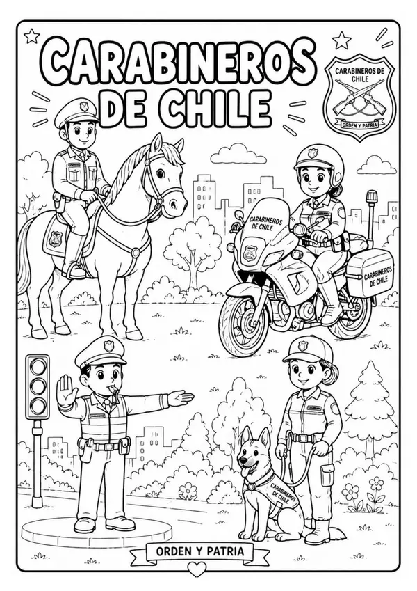 Afiche imprimible para colorear: Carabineros de Chile