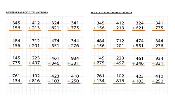 Guías de ejercicios de adiciones y problemas de adiciones