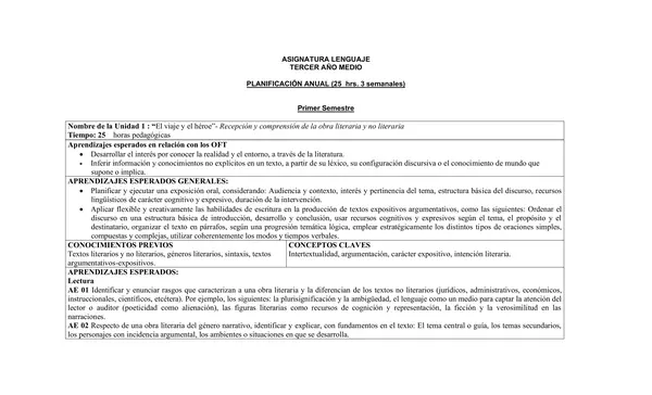 Planificacion anual tercero medio, lenguaje