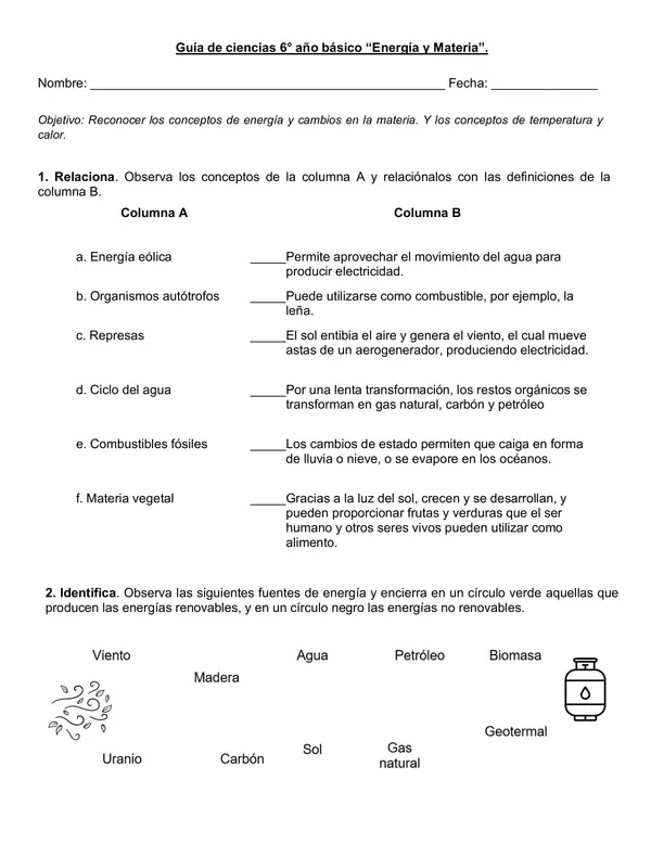 Guía de ciencias 6° año "Energía y materia".