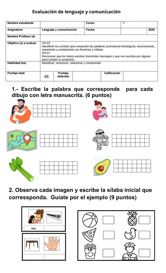 Evaluación de lenguaje, 1°