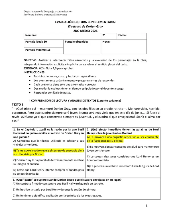 Evaluación libro "Dorian Gray"