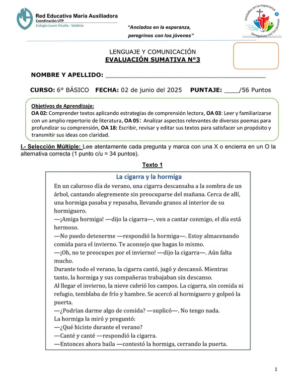Evaluación fábulas, conjugación de verbos y pronombres interrogativos y exclamativos - 6° Básico