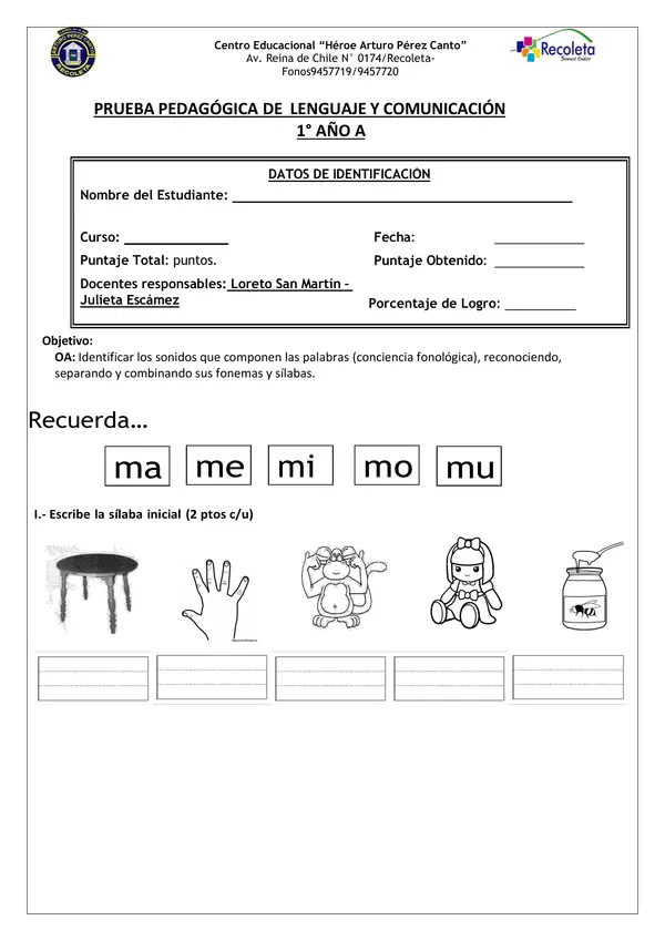 Evaluación Lenguaje 1ro básico