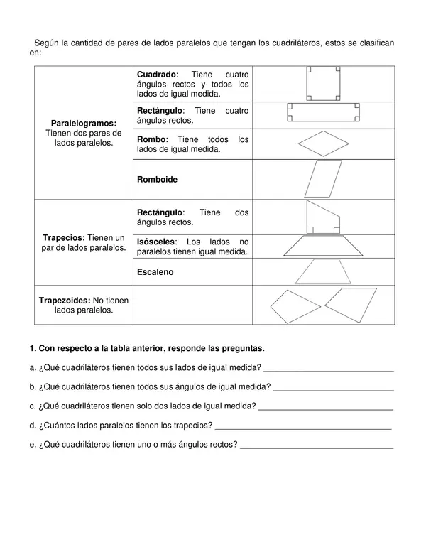 Guía "Clasificación de cuadriláteros" 5° año.