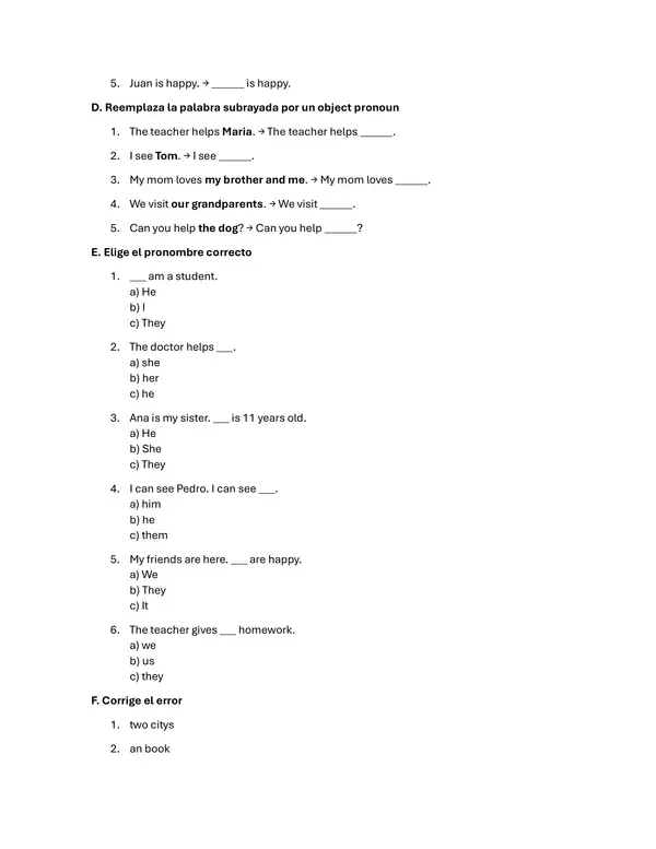 Guía de trabajo y/o prueba de la unidad de Inglés - Plural - Singular Nouns - object - subject 